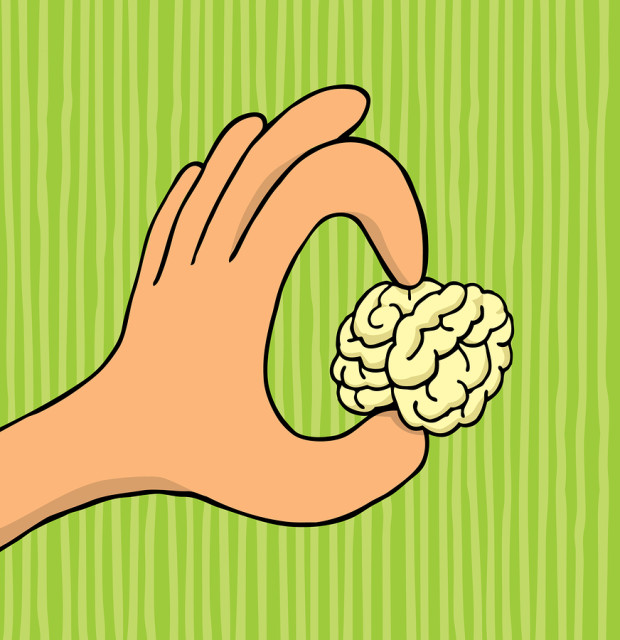 Cartoon illustration of a Hand holding tiny brain