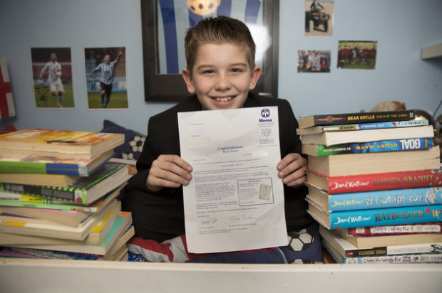 Kian Hamer, from Coventry, who at age 11 has joined MENSA after scoring the maximum score of 162 on their IQ test, placing him in the top one percent nationally.  See NTI story NTIMENSA.  An 11-year-old boy has become one of youngest ever members of Mensa - after scoring an IQ higher than Albert Einstein and Professor Stephen Hawking.  Brainbox Kian Hamer registered a maximum 162 on the Cattell III B paper - two points higher than the geniuses.  High-IQ society Mensa sent a letter to his home last week confirming the schoolboy is among the top one per cent of intelligent people in the WORLD.  But despite being placed in the "genius" bracket Kian's main ambition when he gets older is to become a professional footballer.  Kian, of Coventry, West Mids., took the test under supervised conditions at Woodlands Academy along with his Year 7 classmates last month.